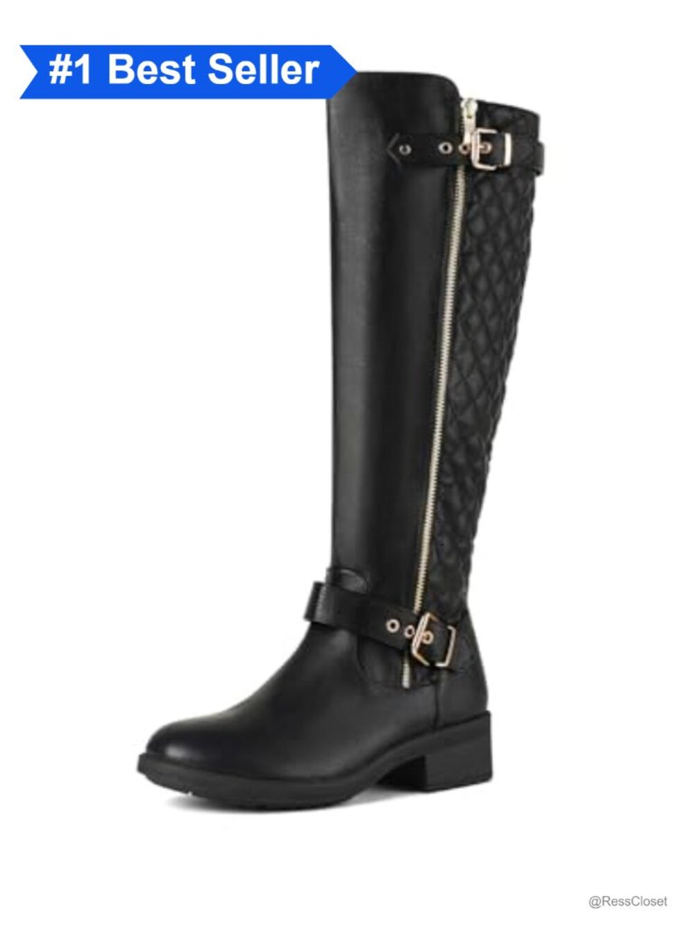 Knee High Moto Riding Boots Faux Fur Lined Buckle Zip
